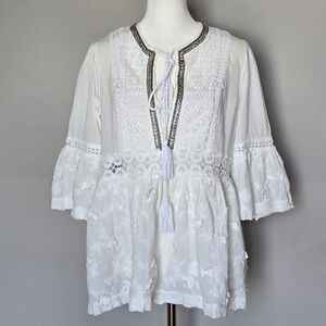 The Kooples Boho White Cotton Embroidered Blouse with Bell Sleeves Size S